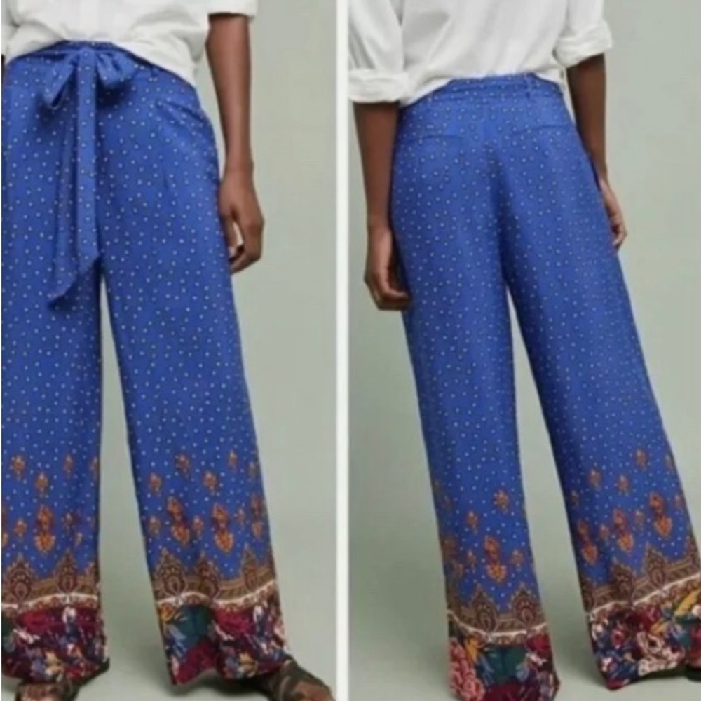 Anthropologie ett:twa blue printed wide leg belted sash trouser boho